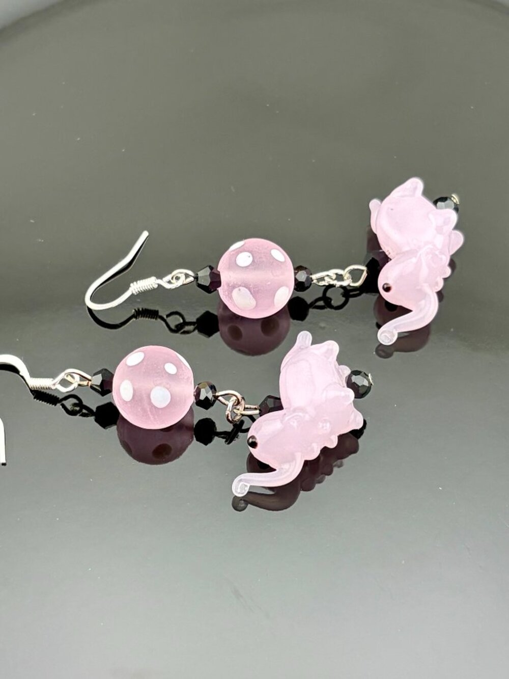 Pink Elephant Polka Dot Lamp Work Glass Bead Handmade Handcrafted Earrings LR223